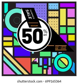 Abstract Geometric Summer poster and banner. Fashion and Travel discount and Promotion design with retro style. Vector illustration with special holiday offer.