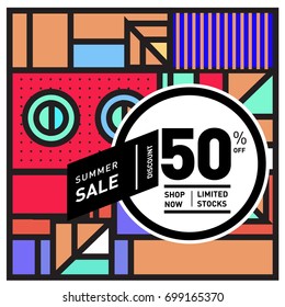 Abstract Geometric Summer poster and banner. Fashion and Travel discount and Promotion design with retro style. Vector illustration with special holiday offer.