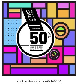 Abstract Geometric Summer poster and banner. Fashion and Travel discount and Promotion design with retro style. Vector illustration with special holiday offer.