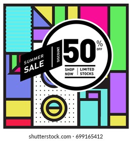 Abstract Geometric Summer poster and banner. Fashion and Travel discount and Promotion design with retro style. Vector illustration with special holiday offer.
