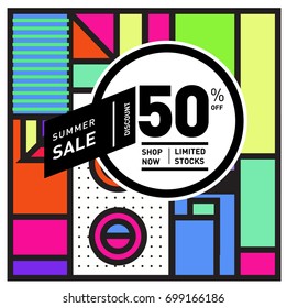 Abstract Geometric Summer poster and banner. Fashion and Travel discount and Promotion design with retro style. Vector illustration with special holiday offer.