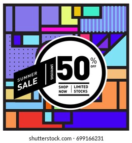 Abstract Geometric Summer poster and banner. Fashion and Travel discount and Promotion design with retro style. Vector illustration with special holiday offer.