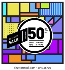 Abstract Geometric Summer poster and banner. Fashion and Travel discount and Promotion design with retro style. Vector illustration with special holiday offer.
