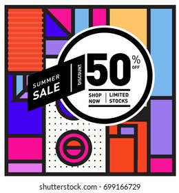 Abstract Geometric Summer poster and banner. Fashion and Travel discount and Promotion design with retro style. Vector illustration with special holiday offer.
