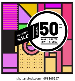 Abstract Geometric Summer poster and banner. Fashion and Travel discount and Promotion design with retro style. Vector illustration with special holiday offer.
