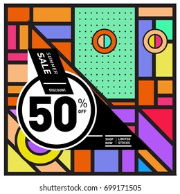 Abstract Geometric Summer poster and banner. Fashion and Travel discount and Promotion design with retro style. Vector illustration with special holiday offer.
