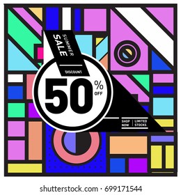 Abstract Geometric Summer poster and banner. Fashion and Travel discount and Promotion design with retro style. Vector illustration with special holiday offer.
