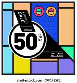 Abstract Geometric Summer poster and banner. Fashion and Travel discount and Promotion design with retro style. Vector illustration with special holiday offer.

