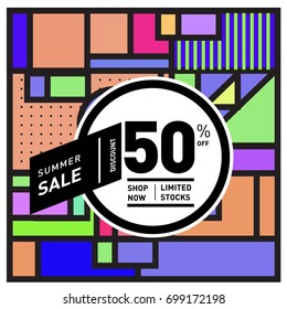 Abstract Geometric Summer poster and banner. Fashion and Travel discount and Promotion design with retro style. Vector illustration with special holiday offer.