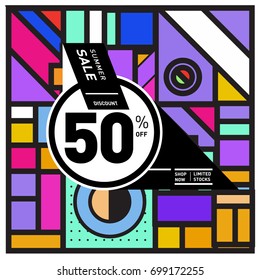Abstract Geometric Summer poster and banner. Fashion and Travel discount and Promotion design with retro style. Vector illustration with special holiday offer.