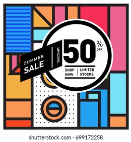Abstract Geometric Summer poster and banner. Fashion and Travel discount and Promotion design with retro style. Vector illustration with special holiday offer.