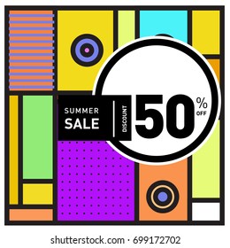 Abstract Geometric Summer poster and banner. Fashion and Travel discount and Promotion design with retro style. Vector illustration with special holiday offer.