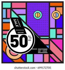 Abstract Geometric Summer poster and banner. Fashion and Travel discount and Promotion design with retro style. Vector illustration with special holiday offer.