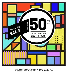Abstract Geometric Summer poster and banner. Fashion and Travel discount and Promotion design with retro style. Vector illustration with special holiday offer.