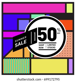 Abstract Geometric Summer poster and banner. Fashion and Travel discount and Promotion design with retro style. Vector illustration with special holiday offer.