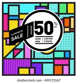 Abstract Geometric Summer poster and banner. Fashion and Travel discount and Promotion design with retro style. Vector illustration with special holiday offer.
