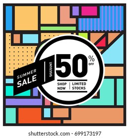 Abstract Geometric Summer poster and banner. Fashion and Travel discount and Promotion design with retro style. Vector illustration with special holiday offer.
