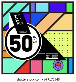 Abstract Geometric Summer poster and banner. Fashion and Travel discount and Promotion design with retro style. Vector illustration with special holiday offer.
