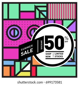 Abstract Geometric Summer poster and banner. Fashion and Travel discount and Promotion design with retro style. Vector illustration with special holiday offer.
