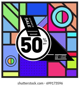 Abstract Geometric Summer poster and banner. Fashion and Travel discount and Promotion design with retro style. Vector illustration with special holiday offer.
