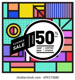 Abstract Geometric Summer poster and banner. Fashion and Travel discount and Promotion design with retro style. Vector illustration with special holiday offer.
