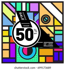 Abstract Geometric Summer poster and banner. Fashion and Travel discount and Promotion design with retro style. Vector illustration with special holiday offer.
