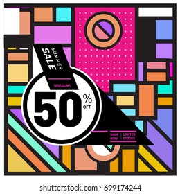Abstract Geometric Summer poster and banner. Fashion and Travel discount and Promotion design with retro style. Vector illustration with special holiday offer.