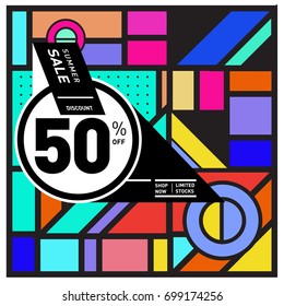 Abstract Geometric Summer poster and banner. Fashion and Travel discount and Promotion design with retro style. Vector illustration with special holiday offer.
