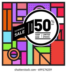 Abstract Geometric Summer poster and banner. Fashion and Travel discount and Promotion design with retro style. Vector illustration with special holiday offer.