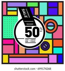 Abstract Geometric Summer poster and banner. Fashion and Travel discount and Promotion design with retro style. Vector illustration with special holiday offer.