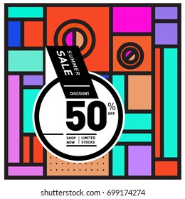 Abstract Geometric Summer poster and banner. Fashion and Travel discount and Promotion design with retro style. Vector illustration with special holiday offer.
