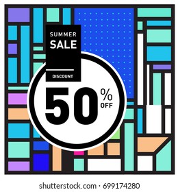 Abstract Geometric Summer poster and banner. Fashion and Travel discount and Promotion design with retro style. Vector illustration with special holiday offer.