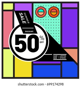Abstract Geometric Summer poster and banner. Fashion and Travel discount and Promotion design with retro style. Vector illustration with special holiday offer.