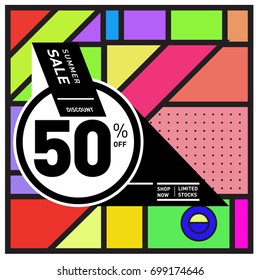 Abstract Geometric Summer poster and banner. Fashion and Travel discount and Promotion design with retro style. Vector illustration with special holiday offer.
