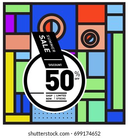 Abstract Geometric Summer poster and banner. Fashion and Travel discount and Promotion design with retro style. Vector illustration with special holiday offer.