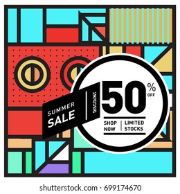 Abstract Geometric Summer poster and banner. Fashion and Travel discount and Promotion design with retro style. Vector illustration with special holiday offer.