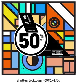 Abstract Geometric Summer poster and banner. Fashion and Travel discount and Promotion design with retro style. Vector illustration with special holiday offer.
