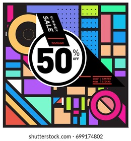 Abstract Geometric Summer poster and banner. Fashion and Travel discount and Promotion design with retro style. Vector illustration with special holiday offer.