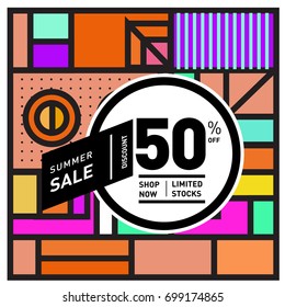 Abstract Geometric Summer poster and banner. Fashion and Travel discount and Promotion design with retro style. Vector illustration with special holiday offer.
