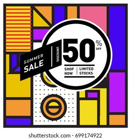 Abstract Geometric Summer poster and banner. Fashion and Travel discount and Promotion design with retro style. Vector illustration with special holiday offer.