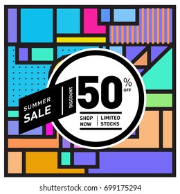 Abstract Geometric Summer poster and banner. Fashion and Travel discount and Promotion design with retro style. Vector illustration with special holiday offer.
