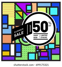 Abstract Geometric Summer poster and banner. Fashion and Travel discount and Promotion design with retro style. Vector illustration with special holiday offer.
