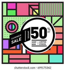 Abstract Geometric Summer poster and banner. Fashion and Travel discount and Promotion design with retro style. Vector illustration with special holiday offer.
