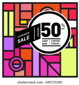 Abstract Geometric Summer poster and banner. Fashion and Travel discount and Promotion design with retro style. Vector illustration with special holiday offer.
