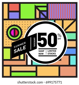 Abstract Geometric Summer poster and banner. Fashion and Travel discount and Promotion design with retro style. Vector illustration with special holiday offer.
