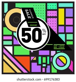 Abstract Geometric Summer poster and banner. Fashion and Travel discount and Promotion design with retro style. Vector illustration with special holiday offer.
