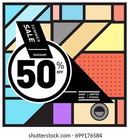 Abstract Geometric Summer poster and banner. Fashion and Travel discount and Promotion design with retro style. Vector illustration with special holiday offer.
