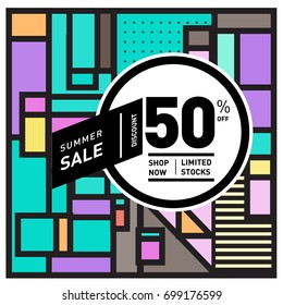 Abstract Geometric Summer poster and banner. Fashion and Travel discount and Promotion design with retro style. Vector illustration with special holiday offer.
