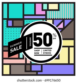 Abstract Geometric Summer poster and banner. Fashion and Travel discount and Promotion design with retro style. Vector illustration with special holiday offer.

