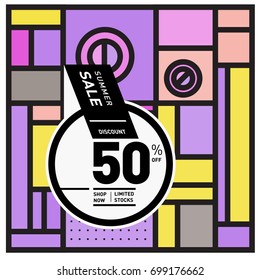 Abstract Geometric Summer poster and banner. Fashion and Travel discount and Promotion design with retro style. Vector illustration with special holiday offer.

